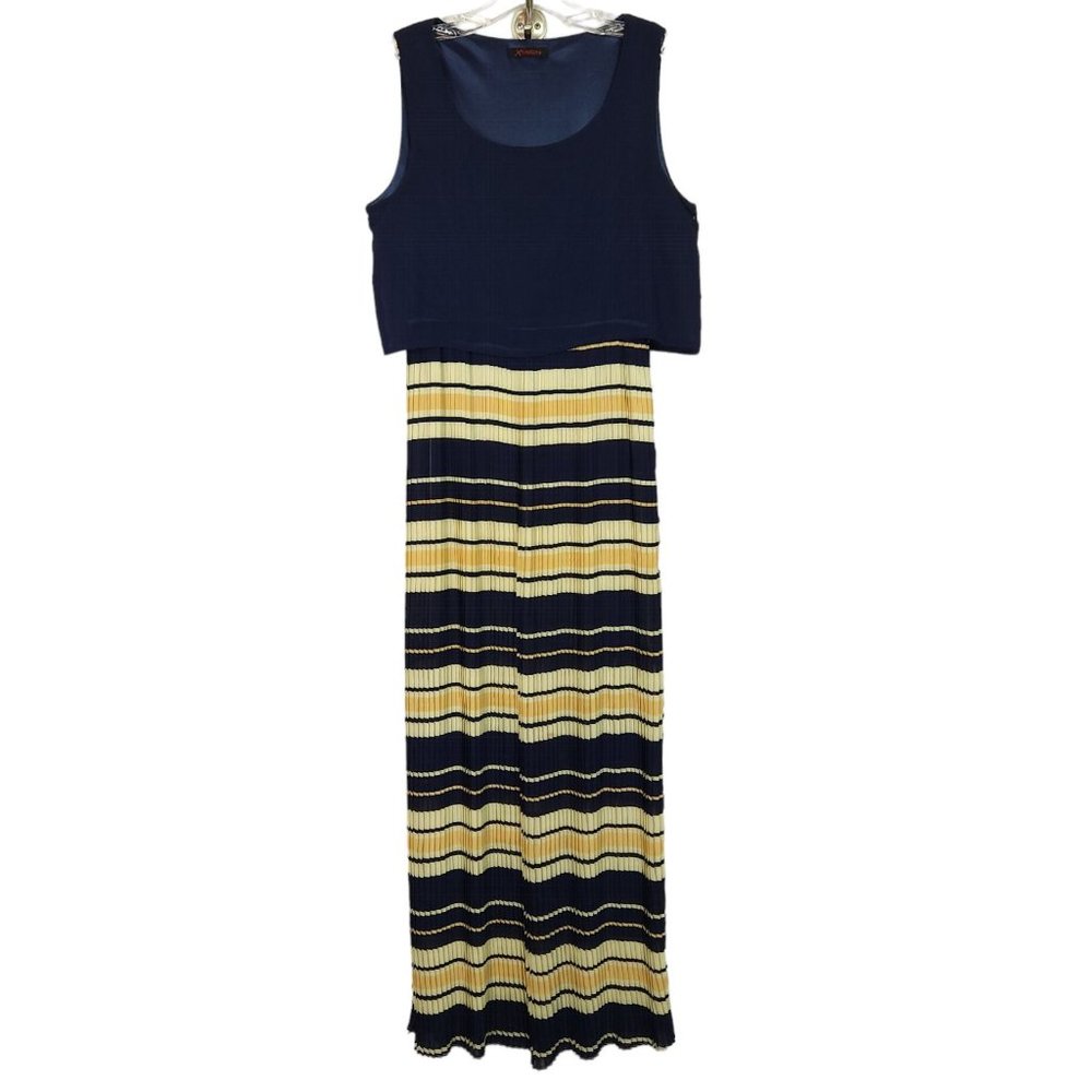 Xtaren Womens Maxi Dress Size L Navy Gold Stripe Accordion Pleat Sleeveless‎